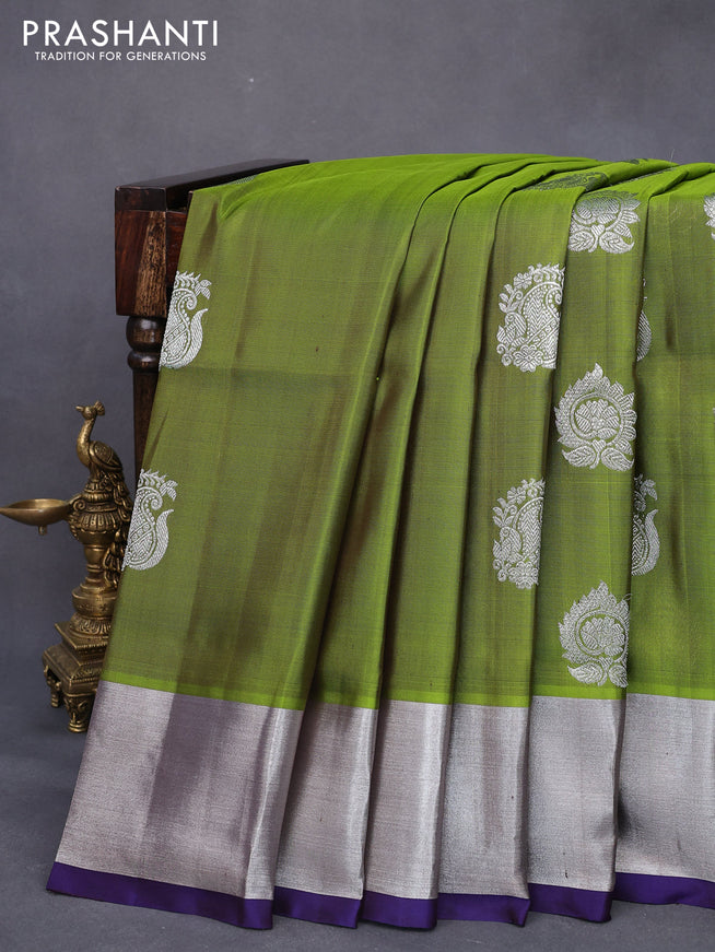 Venkatagiri silk saree mehendi green and navy blue with silver zari woven buttas and silver zari woven border