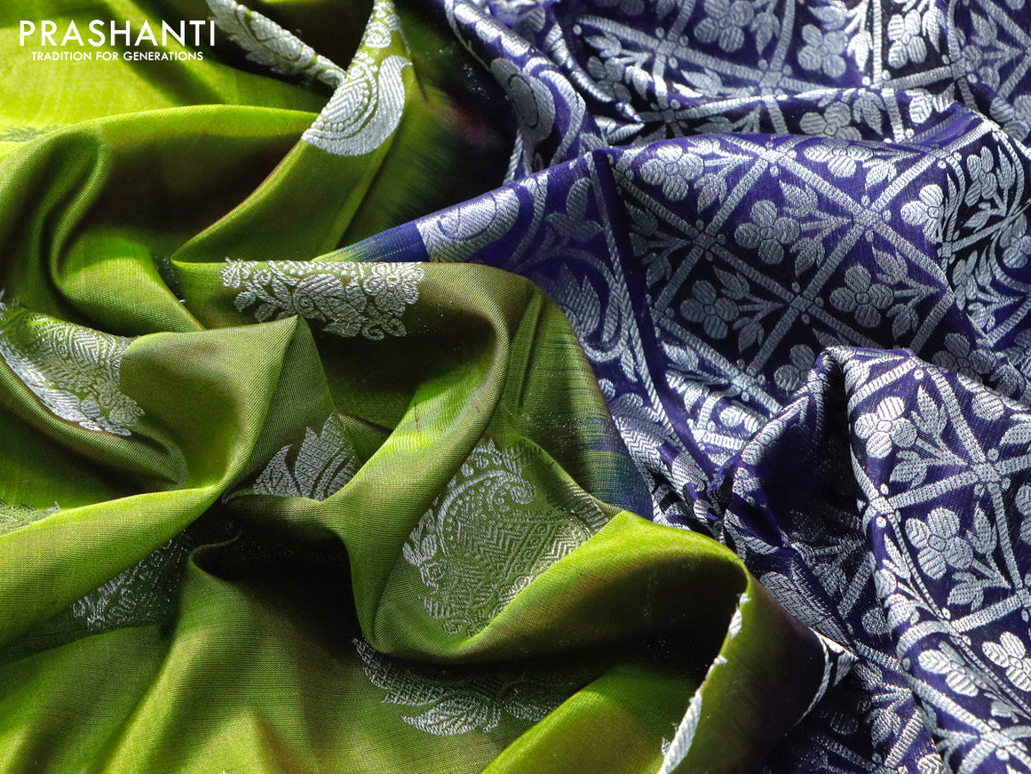 Venkatagiri silk saree mehendi green and navy blue with silver zari woven buttas and silver zari woven border
