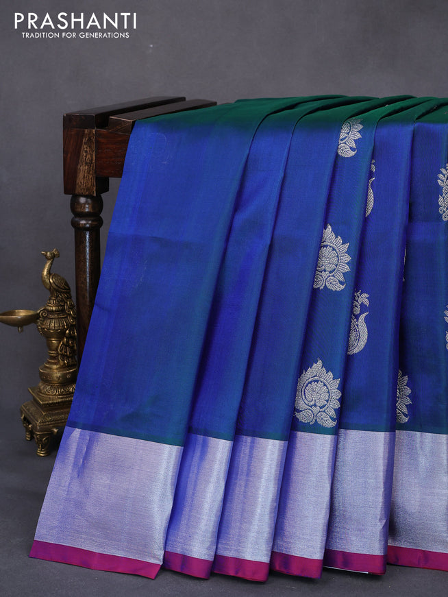 Venkatagiri silk saree dual shade of bluish green and red with silver zari woven buttas and silver zari woven border