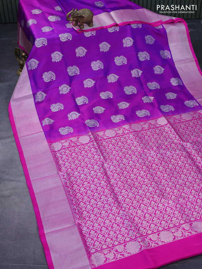 Venkatagiri silk saree purple and pink with silver zari woven buttas and silver zari woven border