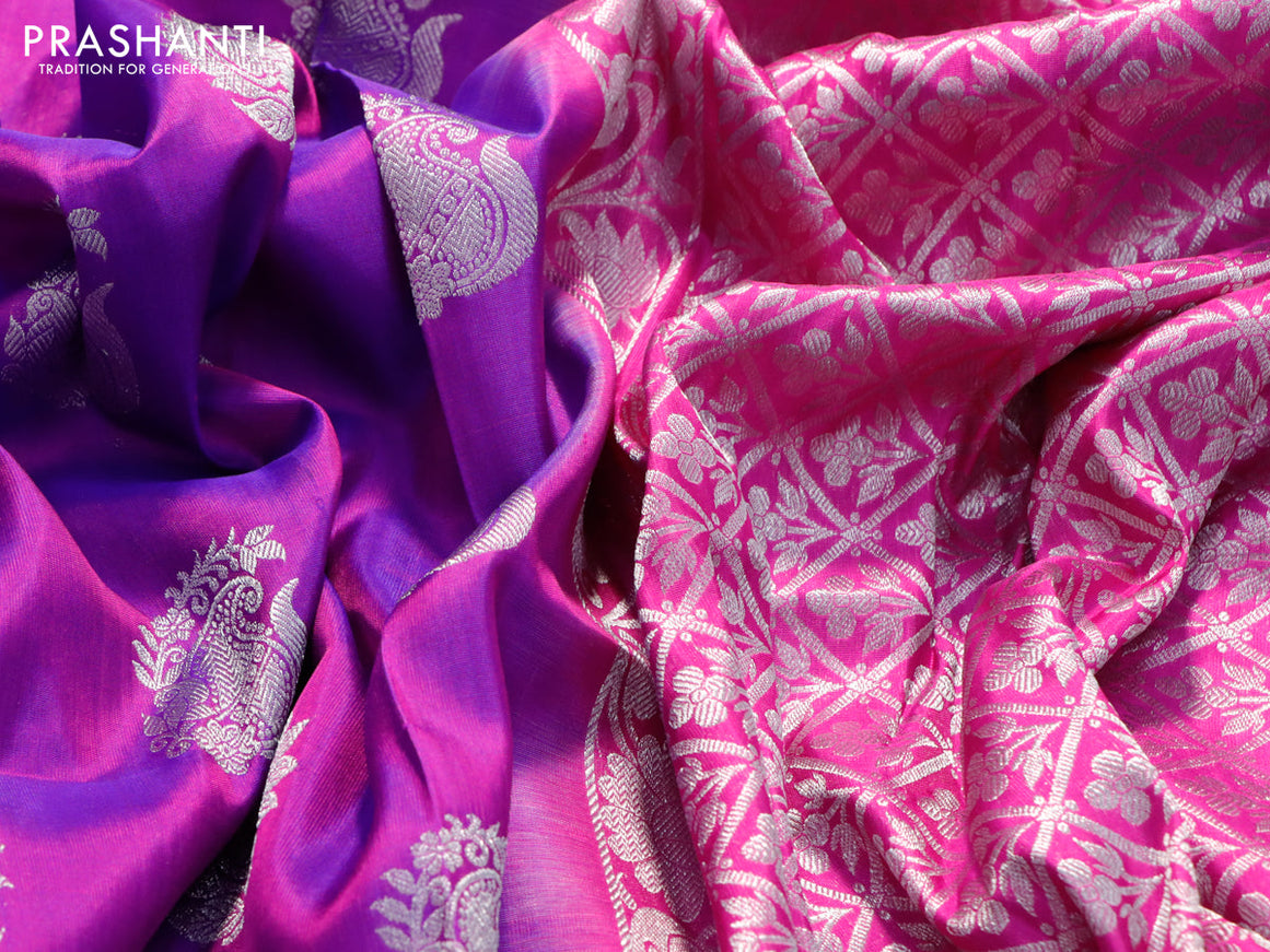 Venkatagiri silk saree purple and pink with silver zari woven buttas and silver zari woven border