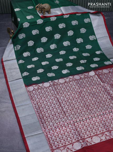 Venkatagiri silk saree dark green and maroon with silver zari woven buttas and silver zari woven border