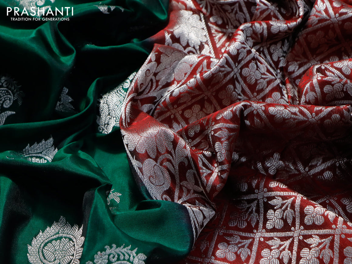 Venkatagiri silk saree dark green and maroon with silver zari woven buttas and silver zari woven border