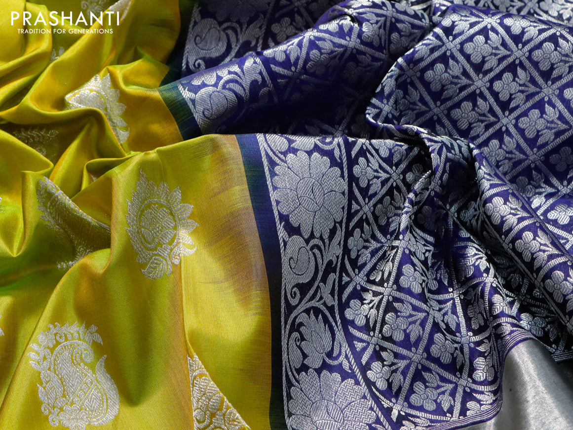 Venkatagiri silk saree lime green and navy blue with silver zari woven buttas and silver zari woven border
