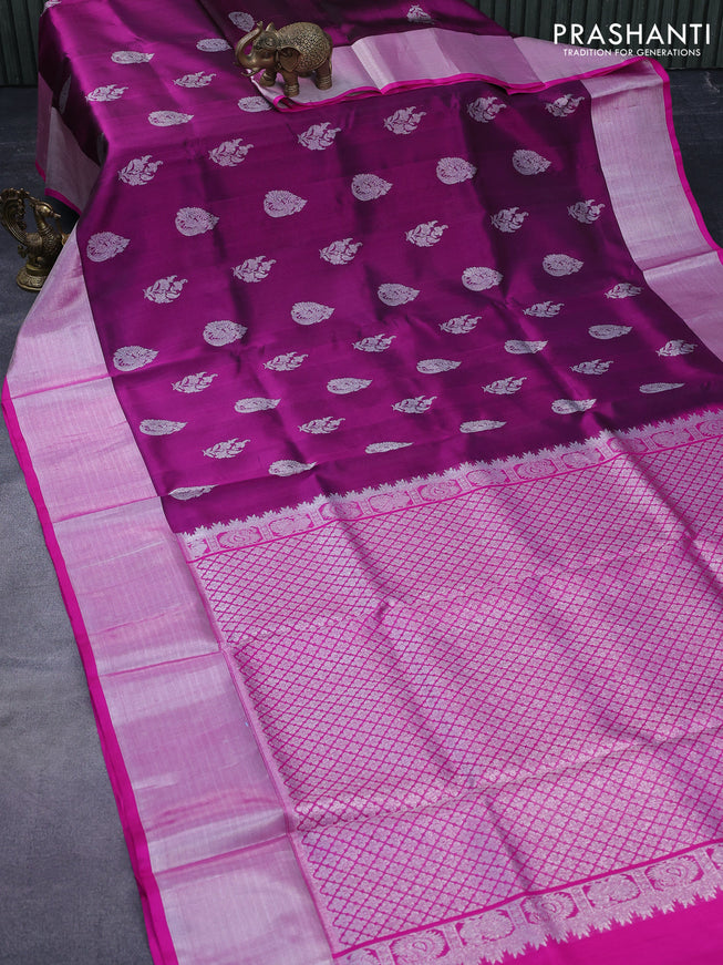 Venkatagiri silk saree dark magenta and pink with silver zari woven buttas and silver zari woven border