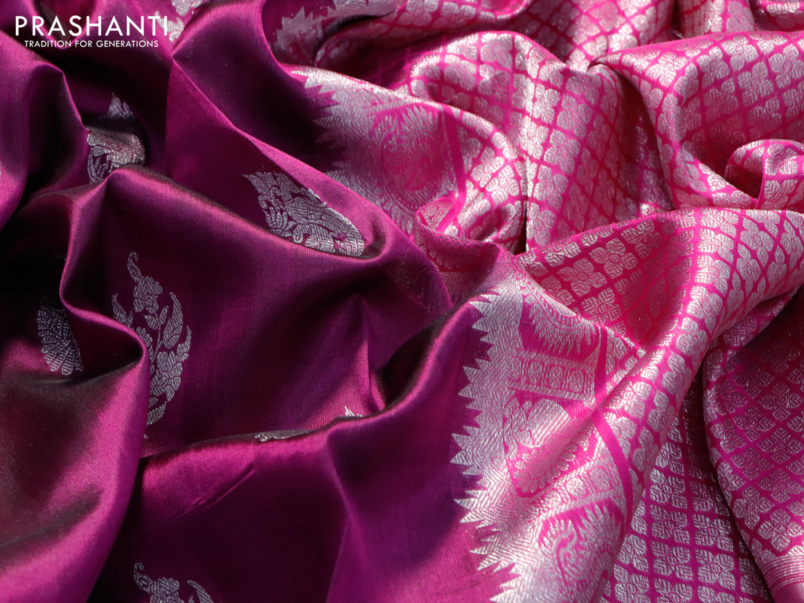 Venkatagiri silk saree dark magenta and pink with silver zari woven buttas and silver zari woven border