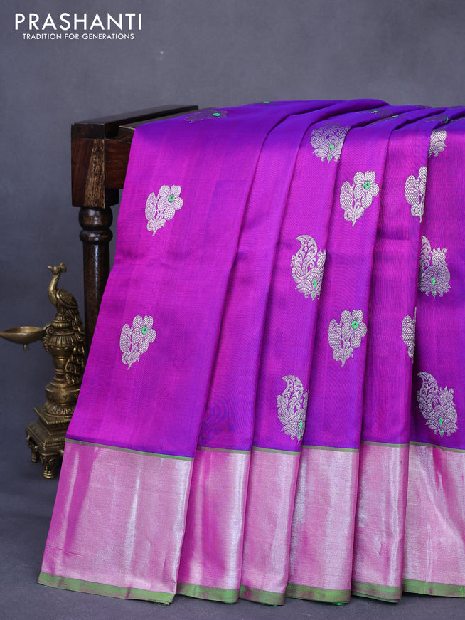 Venkatagiri silk saree purple and parrot green with silver zari woven buttas and silver zari woven border