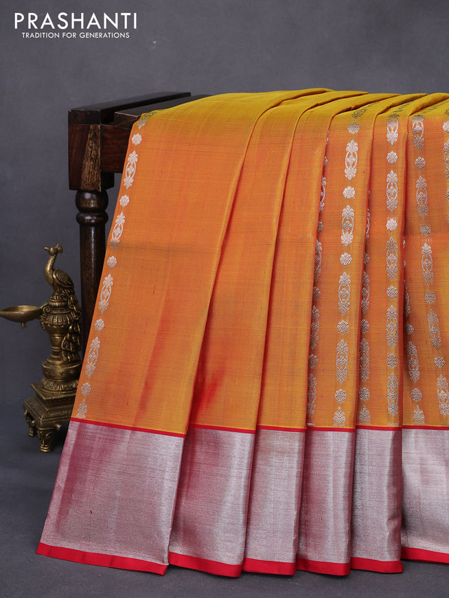Venkatagiri silk saree dual shade of mustard yellow and red with allover silver zari woven butta weaves and silver zari woven border
