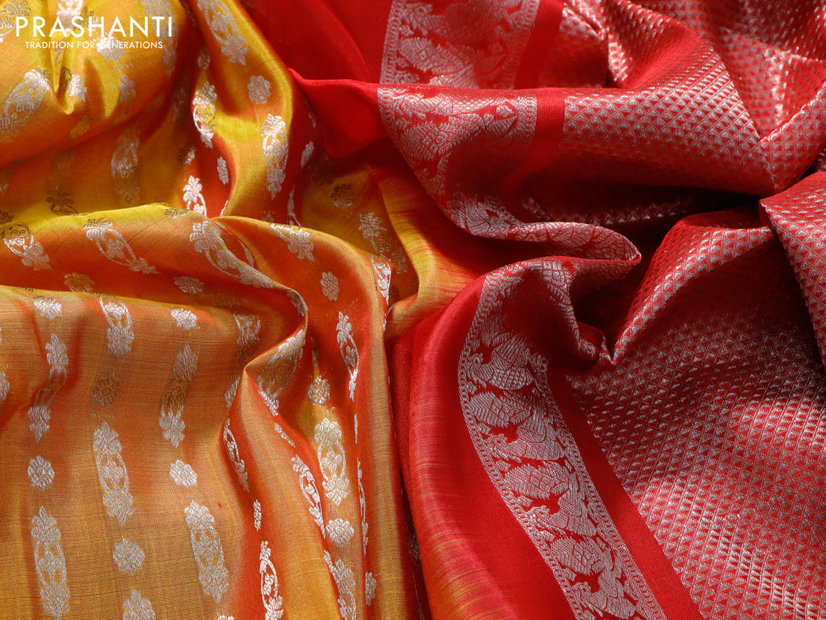 Venkatagiri silk saree dual shade of mustard yellow and red with allover silver zari woven butta weaves and silver zari woven border