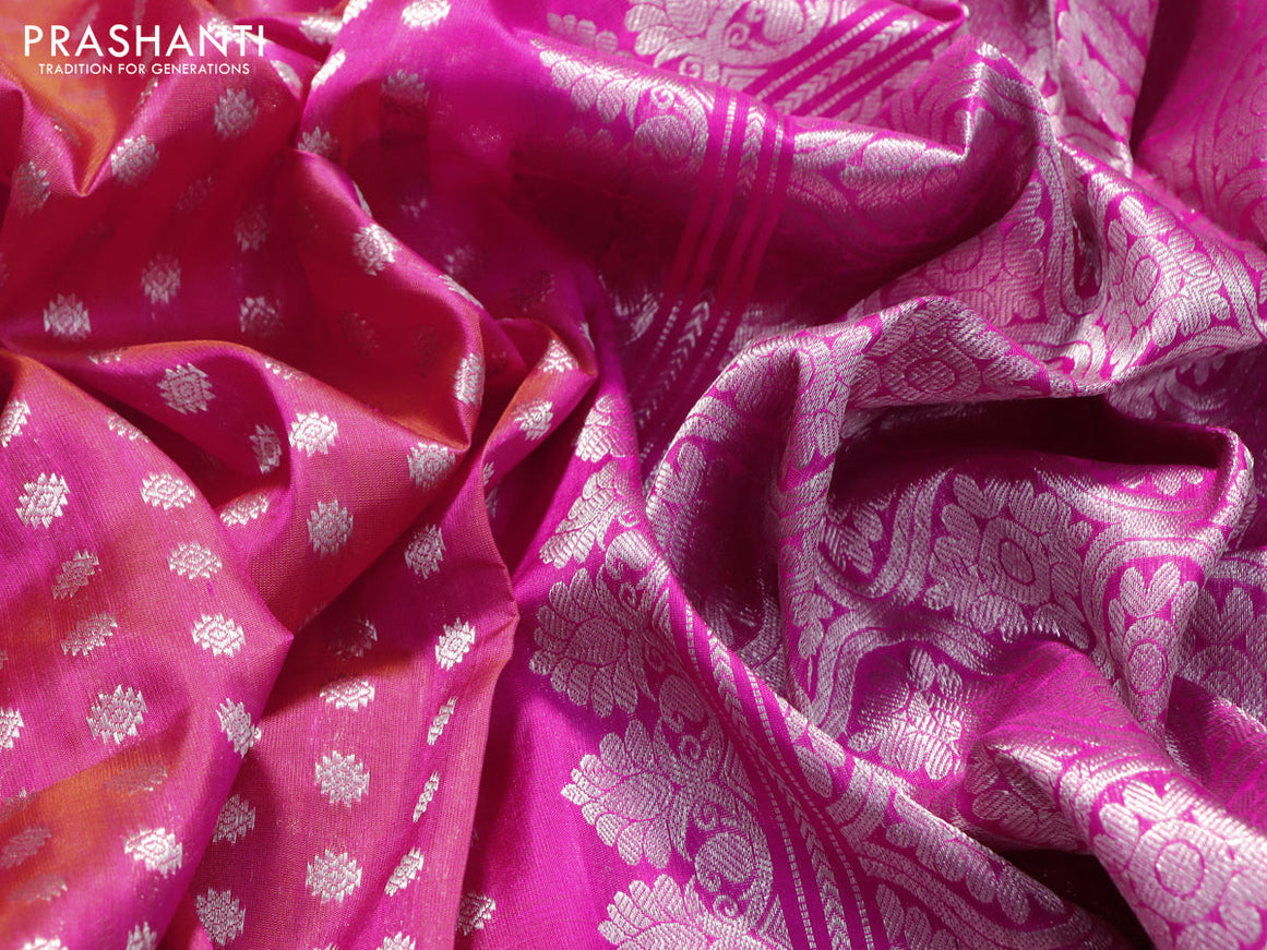 Venkatagiri silk saree dual shade of pinkish orange and pink with allover silver zari woven buttas and long silver zari woven border