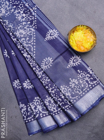 Linen cotton saree navy blue with allover batik butta prints and silver zari woven border