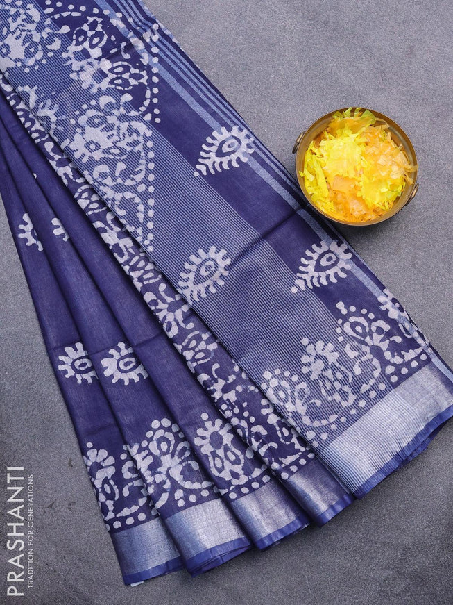 Linen cotton saree navy blue with allover batik butta prints and silver zari woven border