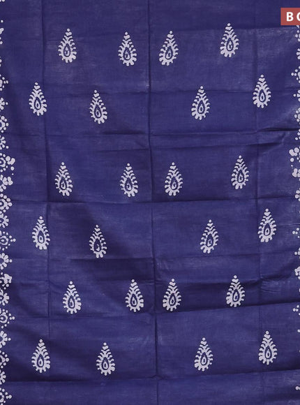 Linen cotton saree navy blue with allover batik butta prints and silver zari woven border