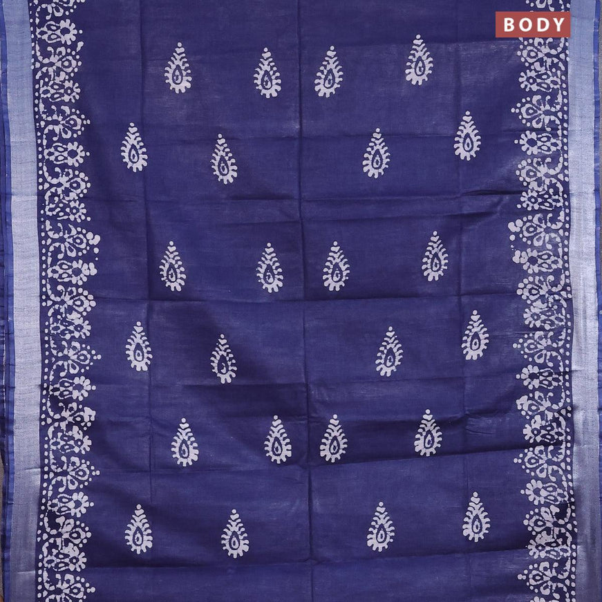 Linen cotton saree navy blue with allover batik butta prints and silver zari woven border