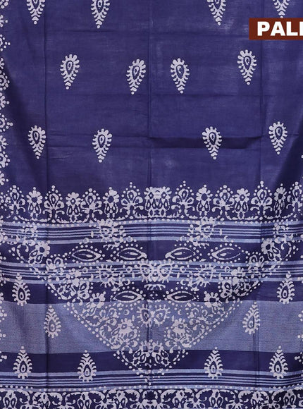 Linen cotton saree navy blue with allover batik butta prints and silver zari woven border