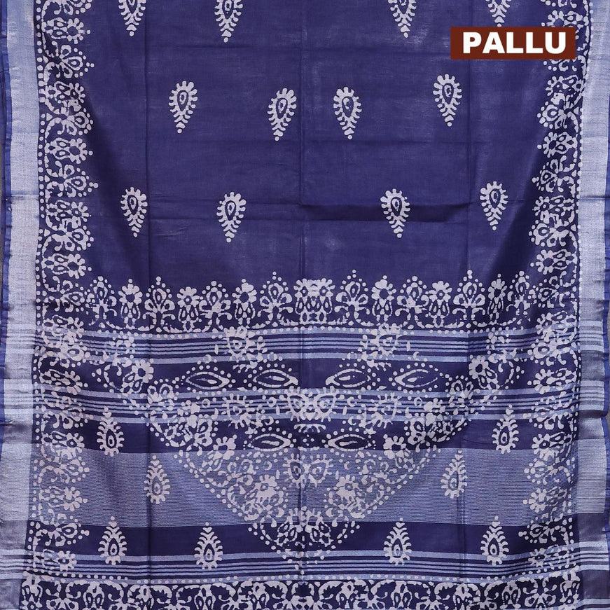 Linen cotton saree navy blue with allover batik butta prints and silver zari woven border