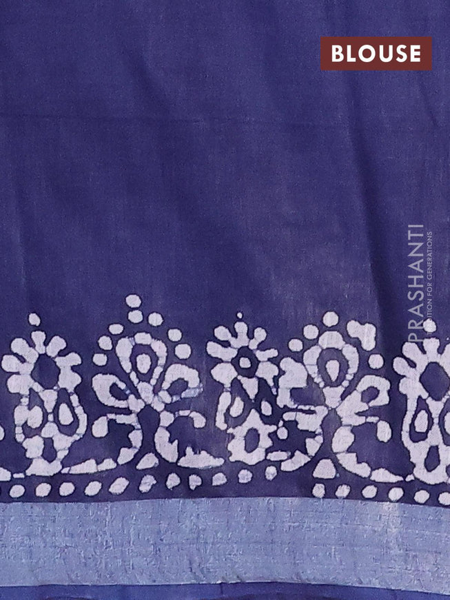 Linen cotton saree navy blue with allover batik butta prints and silver zari woven border