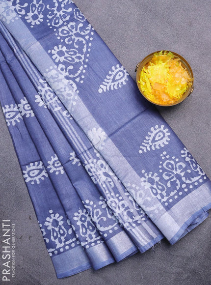 Linen cotton saree grey with allover batik butta prints and silver zari woven border