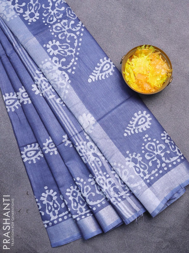 Linen cotton saree grey with allover batik butta prints and silver zari woven border