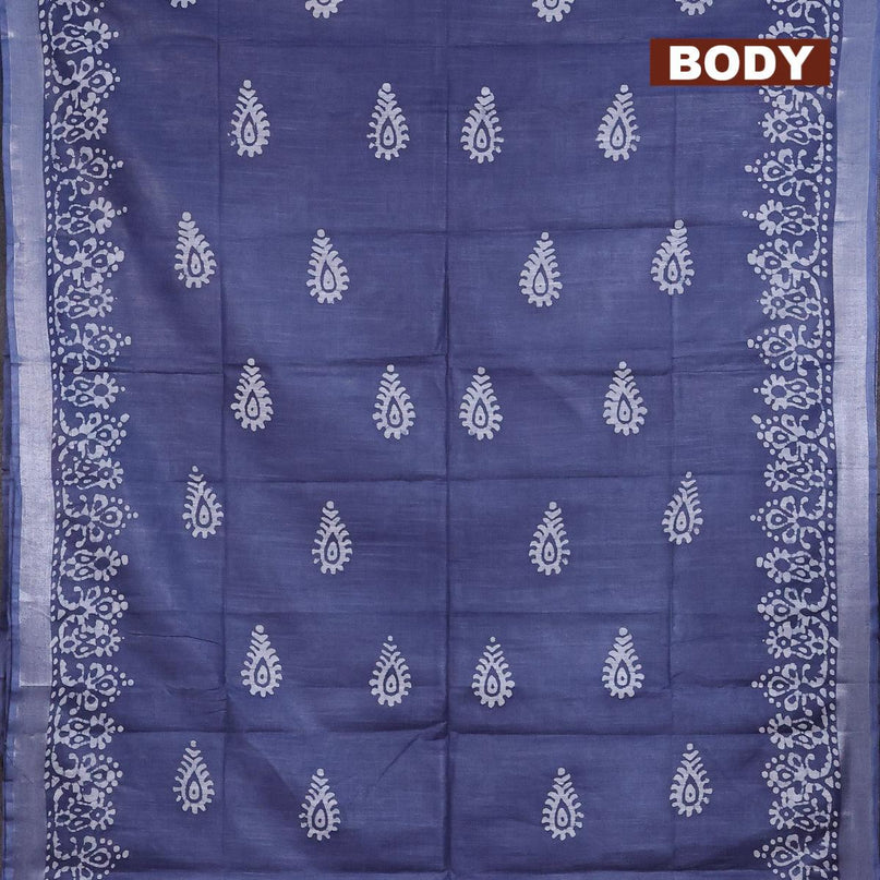 Linen cotton saree grey with allover batik butta prints and silver zari woven border