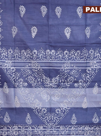 Linen cotton saree grey with allover batik butta prints and silver zari woven border