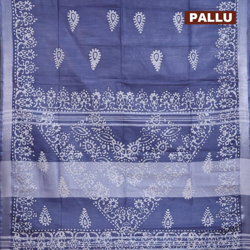 Linen cotton saree grey with allover batik butta prints and silver zari woven border