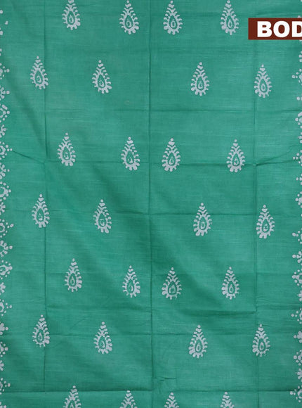 Linen cotton saree green with allover batik butta prints and silver zari woven border