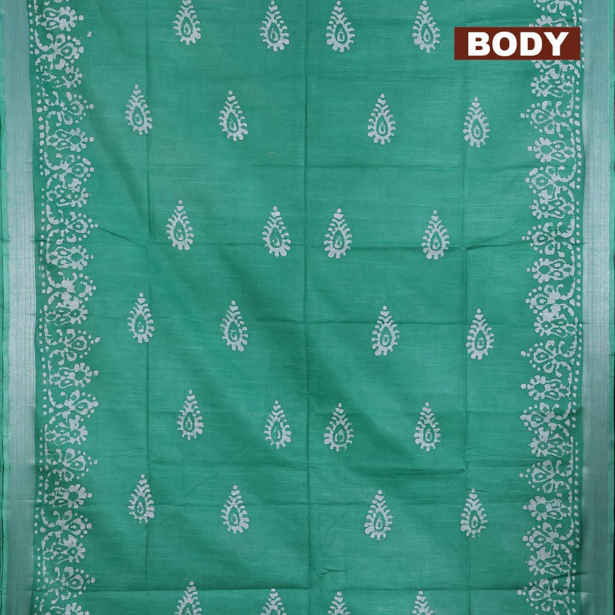 Linen cotton saree green with allover batik butta prints and silver zari woven border