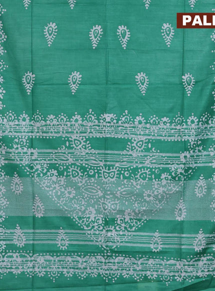 Linen cotton saree green with allover batik butta prints and silver zari woven border