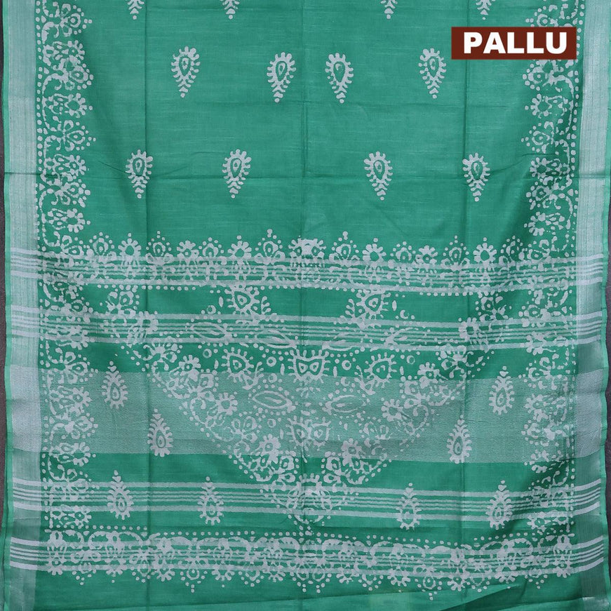 Linen cotton saree green with allover batik butta prints and silver zari woven border