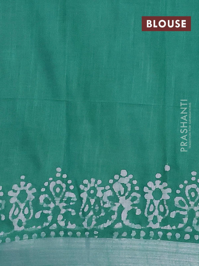 Linen cotton saree green with allover batik butta prints and silver zari woven border