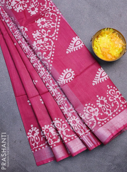 Linen cotton saree dark magenta with allover batik butta prints and silver zari woven border