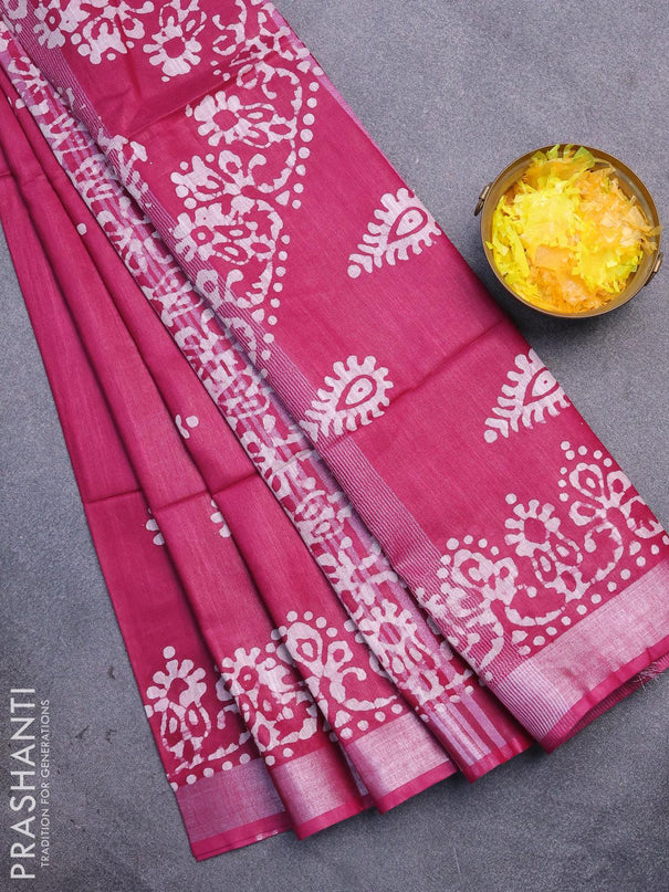 Linen cotton saree dark magenta with allover batik butta prints and silver zari woven border