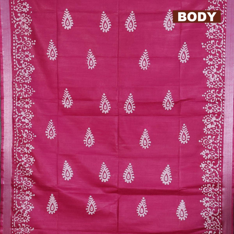 Linen cotton saree dark magenta with allover batik butta prints and silver zari woven border