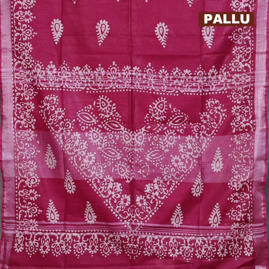 Linen cotton saree dark magenta with allover batik butta prints and silver zari woven border