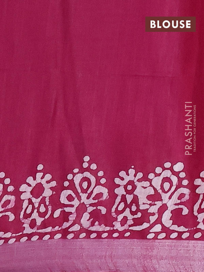 Linen cotton saree dark magenta with allover batik butta prints and silver zari woven border