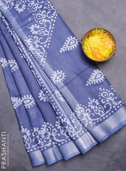 Linen cotton saree grey with allover batik butta prints and silver zari woven border