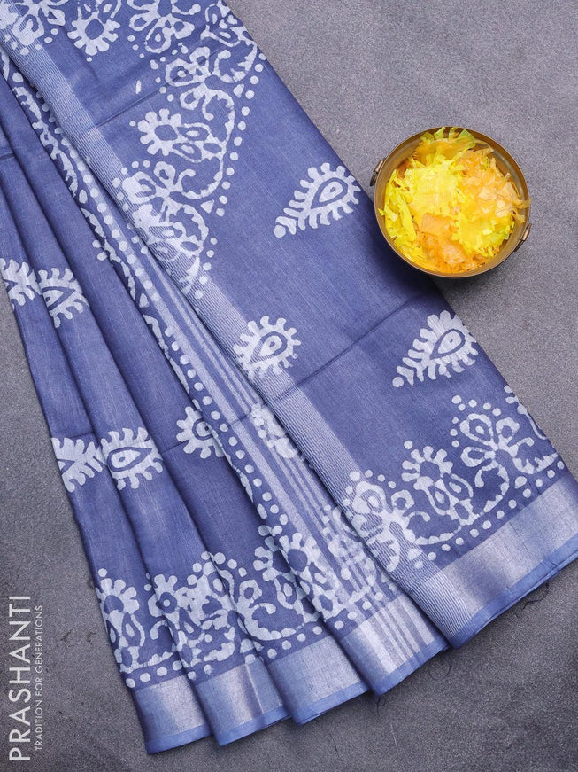 Linen cotton saree grey with allover batik butta prints and silver zari woven border