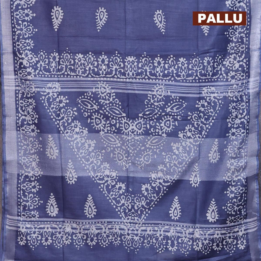 Linen cotton saree grey with allover batik butta prints and silver zari woven border