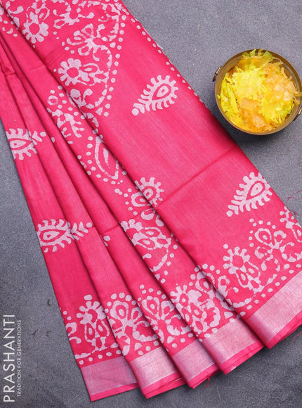 Linen cotton saree pink with allover batik butta prints and silver zari woven border