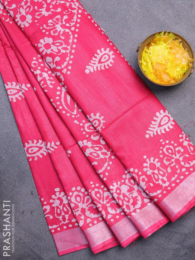 Linen cotton saree pink with allover batik butta prints and silver zari woven border