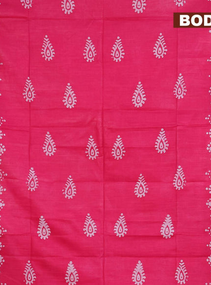 Linen cotton saree pink with allover batik butta prints and silver zari woven border