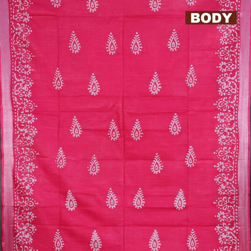 Linen cotton saree pink with allover batik butta prints and silver zari woven border