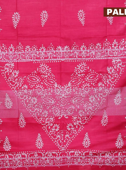 Linen cotton saree pink with allover batik butta prints and silver zari woven border