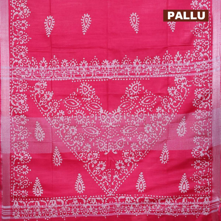 Linen cotton saree pink with allover batik butta prints and silver zari woven border