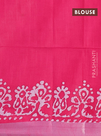 Linen cotton saree pink with allover batik butta prints and silver zari woven border