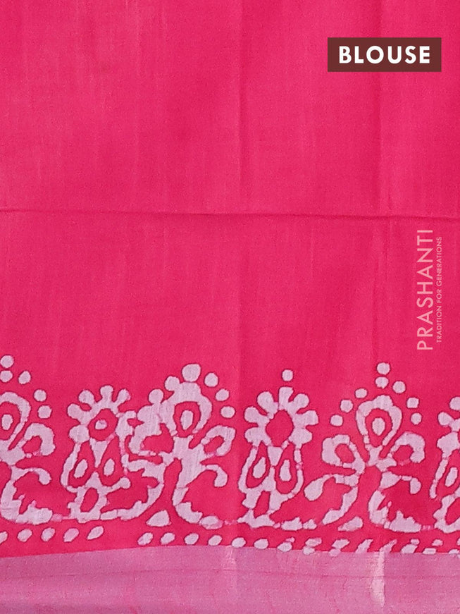 Linen cotton saree pink with allover batik butta prints and silver zari woven border