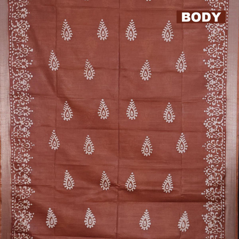 Linen cotton saree brown shade with allover batik butta prints and silver zari woven border