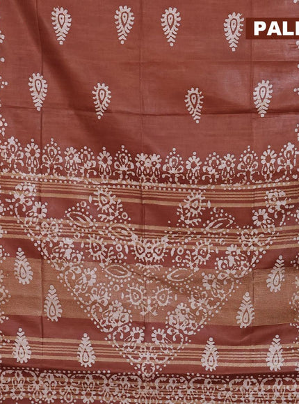 Linen cotton saree brown shade with allover batik butta prints and silver zari woven border