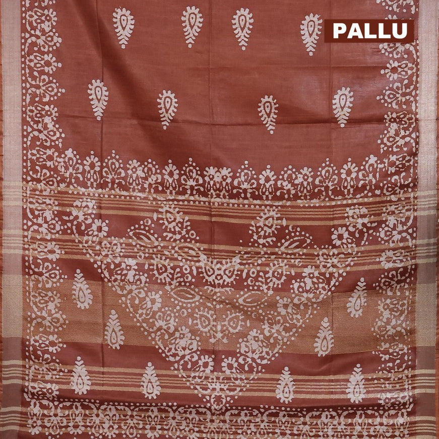 Linen cotton saree brown shade with allover batik butta prints and silver zari woven border